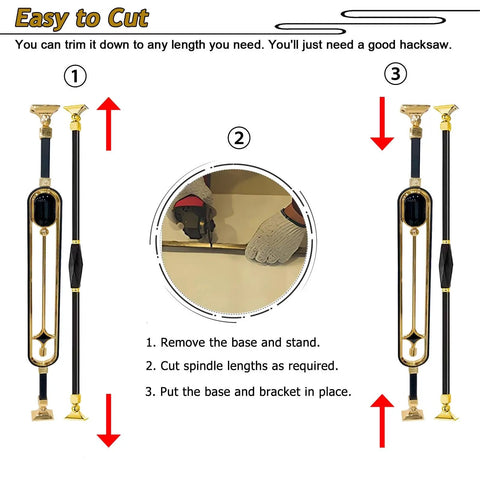 Straight Up Solid Aluminum Stair Spindles Deck Balusters fully adjustable railing kit shown with cutting instructions for indoor use.