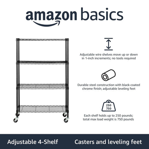 Heavy Duty Garage Shelving Unit With Rolling Casters Four Shelf Metal Wire Rack And Adjustable Steel Organizer Straight Up Tool Storage Hero Rock Solid Shop Essential For The Hustle Black image showcasing adjustable shelves and casters.