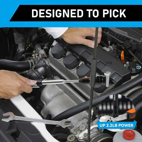 Telescoping Magnet Pickup Tool With 3 LED Magnetic Flashlight in use in a car engine bay, showing its extendable shaft.