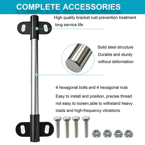 Hardcore Heavy Duty Wheelbarrow Axle Bracket Kit With Solid Five Eighth Inch Shaft And Bulletproof Steel Brackets Pom Gaskets Plus Complete Bolt And Nut Set For Stress Free Yard Work showing steel axle shaft with brackets and bolts.