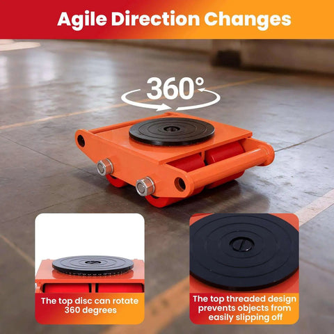 Heavy Duty 8-Ton Machine Moving Skates And Rollers For Industrial Shop Use With 360 Swivel Top Plates shown from side angle on concrete floor.