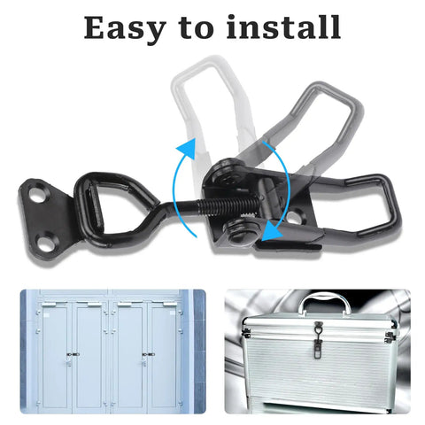 Beefy 2 Pack 300 Lb Toggle Latch Clamps With Quick Release, Adjustable 3 3/4 to 4 3/4 In, shown on gate and toolbox