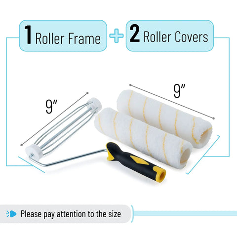 1 Roller Frame and 2 Roller Covers 9-Inch Paint Roller Kit With Nine Inch Frame And Two Microfiber Covers For Walls Ceilings And Floors One Half Inch Nap Designed For Fast DIY Home Painting Projects With Easy Grip Handle And Smooth Application