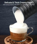 4 In 1 Milk Steamer And Frother For Hot And Cold Foam With Temperature Control And Auto Shut Off pouring foam into coffee