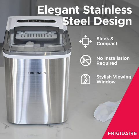 Frigidaire portable ice maker in stainless steel, front view with clear lid and control panel