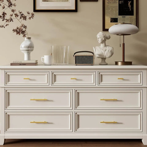 Dresser with 15 Pack 4 Inch Gold Cabinet Handles Set Brushed Gold Stainless Steel Drawer Pulls Durable Kitchen Cabinet Hardware.