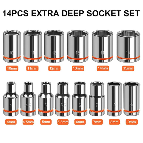 One Quarter Inch Drive Metric Master Socket Set, 14 Piece Shallow 6 Point Hex Socket Kit Covering 4mm To 15mm displayed vertically