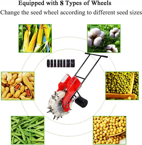 Portable Manual Seeder Hand Push Garden Seeder Seed Spreader Roller for Sowing with seed and crop variety images around it