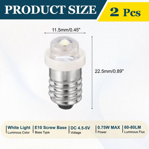Hella Versatile E10 Screw Base LED Bulb Two Pack DC Four Point Five To Five Volt Compact Mini Indicator Lamp showing dimensions and details.