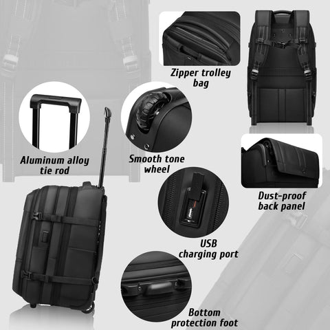Black vacuum seal carry-on luggage with wheels, USB port, and expandable backpack features shown, including smooth wheel and aluminum tie rod.