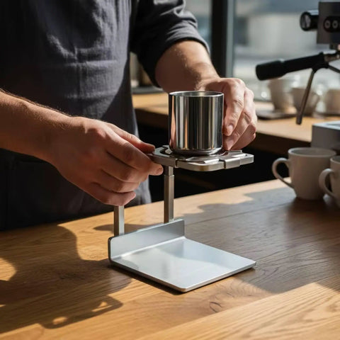 Minimalist Silver Finish Pour Over Coffee Dripper With Solid Metal Base compact setup in use on a wooden counter.