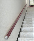 Non Slip Pvc Outdoor Railing Red Wall Mount Handrail Kit For Stairs Decks Patios Features Rock Solid Grip Safety Support And Super Easy Snap Install Setup mounted on wall beside white stairs.