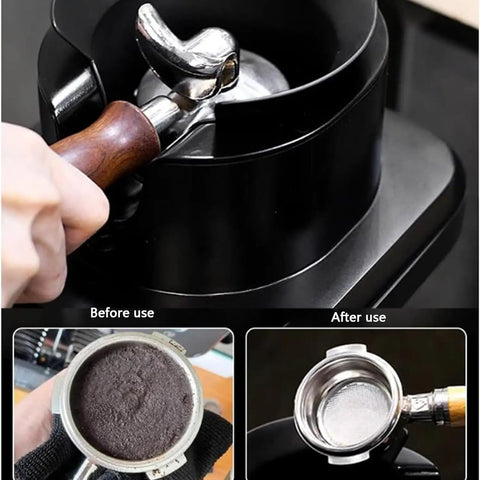 No Sweat Grounds Removal With This Automatic Electric Coffee Portafilter Cleaner Knock Box Unit Three Arc Brushes used for cleaning espresso portafilter.