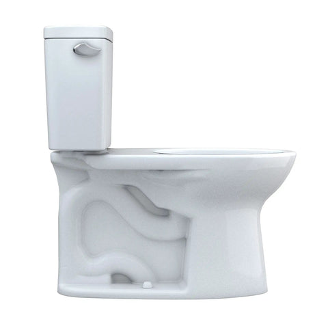 Top Shelf Two Piece Elongated Toilet Featuring Universal Height And 1.6 GPF Tornado Flush System, white ceramic construction, side view.