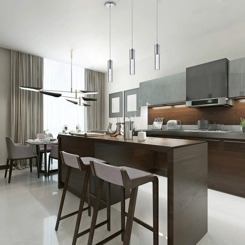 Modern kitchen with 2 pack integrated LED pendant lights with bubble glass and chrome finish, 3000K warm light.