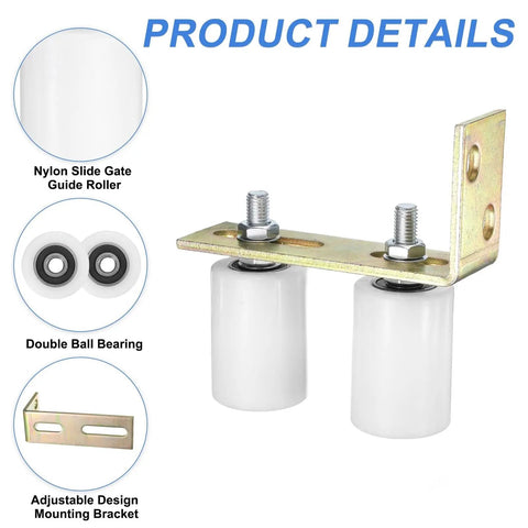 Four Nylon Gate Rollers And Two L Bracket Set For Sliding Doors 2 Inch Dia By 2-3/4 Inch Length 60mm Gate Width Ready Universal Ball Bearing Gate Guider White, featuring double ball bearing rollers and adjustable L-bracket.