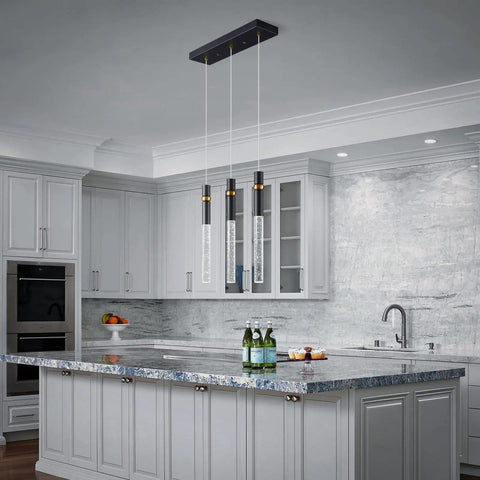 Sleek Black Mini Pendant Lights Set Of Three Dimmable LED Crystal Bubble Pendants For Kitchen Island Hallway Bedroom And Entryway Create Soft Warm Ambience And Contemporary Style above kitchen island with granite countertop in modern kitchen.