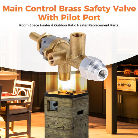 Propane patio heater main control valve, brass with pilot port, front view