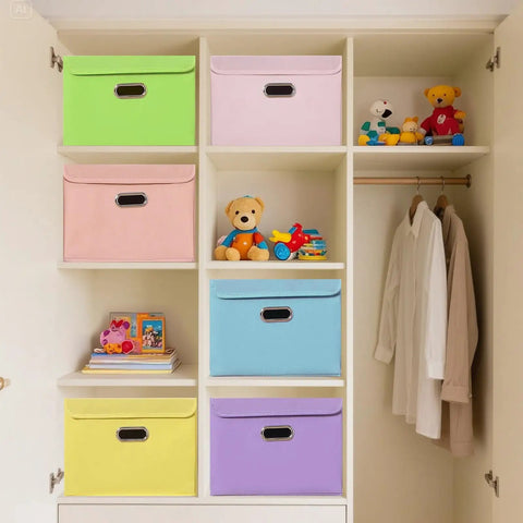 Premium Pink Fabric Storage Cubes Featuring Reinforced Stainless Steel Handles And Secure Cover Lids For Killer Closet Setup And Super Collapsible Foldable Nursery Bins To Organize Your Space Like A Pro stored in a closet with colorful bins.