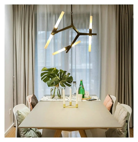 Post-Modern Nordic Pendant Light Herringbone Contemporary Living Room Dining Room Dimmable G9 Bulb Hanging Lamps LED with a modern table setting.