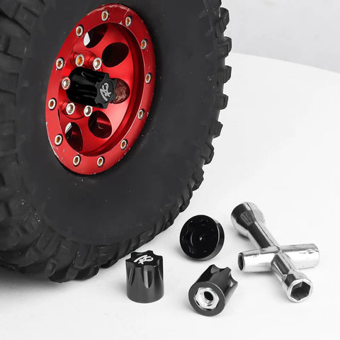 4 Pack Aluminum RC Car Wheel Center Cap Adapters With M4 Nuts, CNC Machined And Anodized Black on red wheel, 1/10 scale