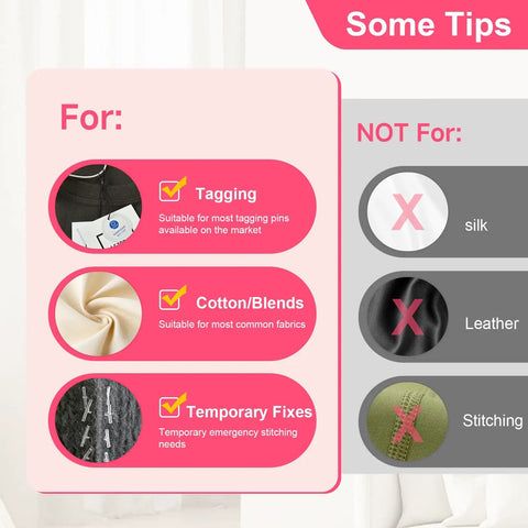 For and not for tips on using No Sew Stitch Gun for Clothes with 2000 Fasteners and 6 Needles for fabric repairs.