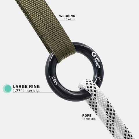 Black Large Rappel Ring 25kN for Rock Climbing Arborist Rescue Slackline Hammock Setup Heavy Duty Forged Gear with webbing and rope