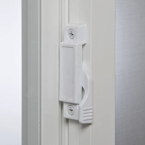 Close-up of lock mechanism on Vinyl Basement Slider Window 32 By 18 Inches White Built Tough With Heavy Duty Welded Sash And Main Frame