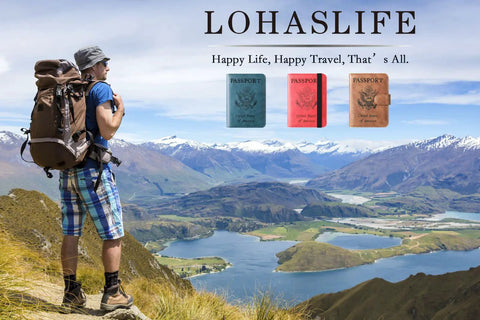 Hiker overlooking mountain landscape with passport holder wallets in blue, red, and brown leather displayed above.