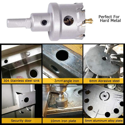 Pro Grade Carbide Tipped Hole Saw Kit 4-1/2 Inch Cutter with two titanium-plated pilot bits drilling various metals