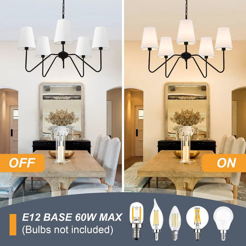 Dining room with Dope Modern 5 Arm Pendant Chandelier For Dining Room With White Fabric Shades Matte Black Finish 30 Inch