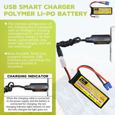 2S 7.4V 3000mAh 35C LiPo Battery with EC3 Plug and USB Charger shown in use for RC vehicles and aircraft