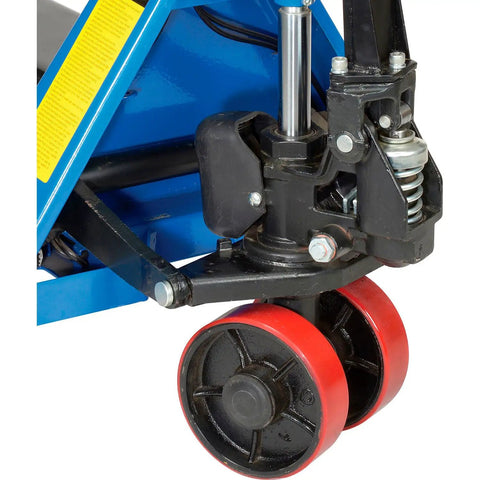 Detail view of Heavy Duty Low Profile Pallet Jack Scale Truck showing ergonomic pump lever and robust red wheels.