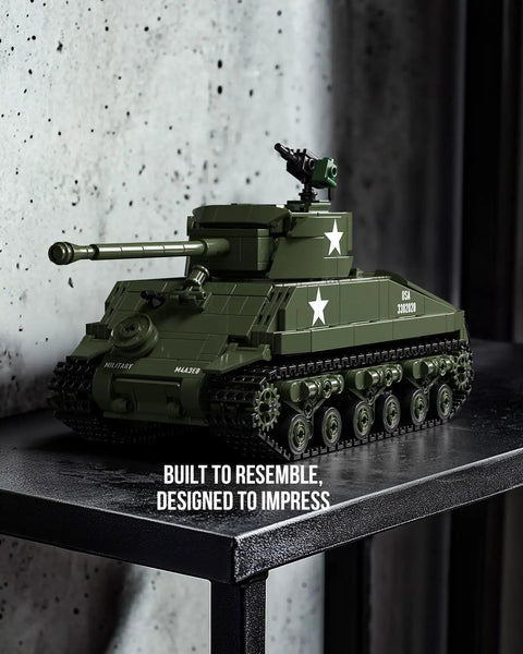 M4 Sherman Tank Building Kit For Adults, Realistic WW2 Military Model on display with movable front section