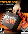 Hand holding a customized storage box with two layers, black exterior, and size 212x186x63mm, with compartments shown.