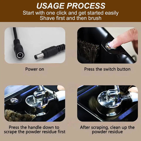 Automatic Electric Portafilter Cleaner With Integrated Knock Box For Fast Espresso Grounds Removal And No Sweat Smooth Cleanup Designed To Make Barista Life Way Less Stressful usage process instructions with power connection and switch.