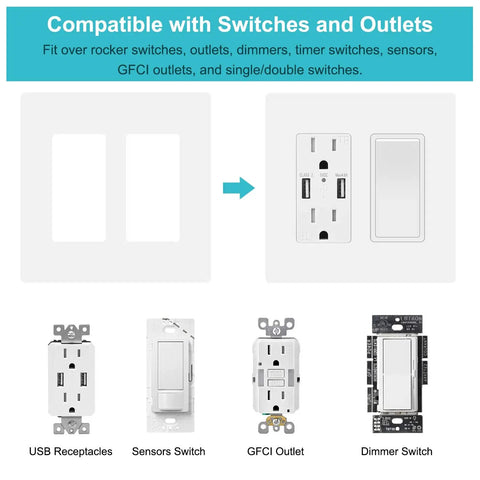 Four Pack Screwless Decorator Wall Plates For Electric Outlets GFCI Dimmers And Switches 2 Gang Unbreakable Child Safe Cover Plates In White Easy Install For A Clean Modern Look At Home Or Office showing compatibility with various outlets and switches.