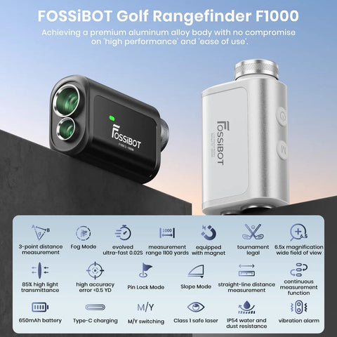 Heavy Hitter Laser Rangefinder With Slope Feature And Flag Lock Mode Dishing Out Sick Precision Up To 1100 Yards For Golf And Hunting Stints Featuring 6x Sharp Optics Vibration Buzz And Rechargeable Battery Life on a black surface with user-friendly features highlighted.