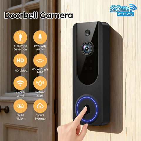 Front view of 1080P WiFi Video Doorbell Camera Battery Powered With Smart AI Human Detection And Motion Alerts, mounted on wall.