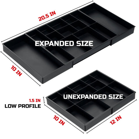Expandable Large Toolbox Storage Tray Kit With Tray Divider Set for rolling tool chest drawers, shown in expanded and unexpanded sizes.