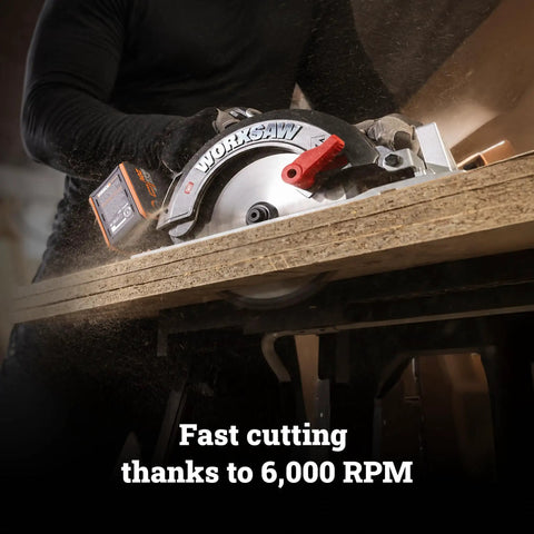 Heavy Duty Cordless Circular Saw Brings Knockout Forty Volt Power Backed By An Exact Seven One Fourth Inch Blade cutting plywood at 6000 RPM.