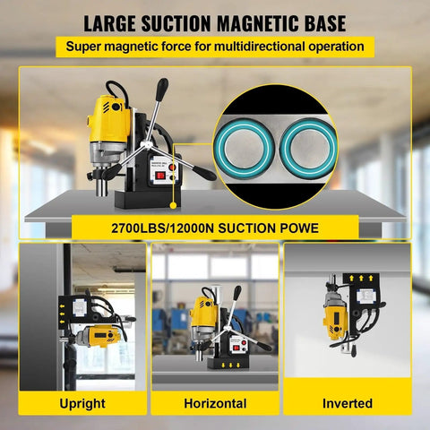 Super Heavy Duty Magnetic Drill Press Electric Bench Rig 1200W showcasing large suction base and multidirectional operation features.
