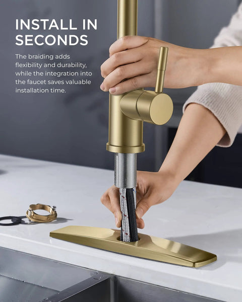 Installing Gold Kitchen Faucet With Pull Down Sprayer In Stainless Steel Single Handle Sink Faucet For Farmhouse Kitchen RV Bar Includes Deck Plate For One Or Three Holes