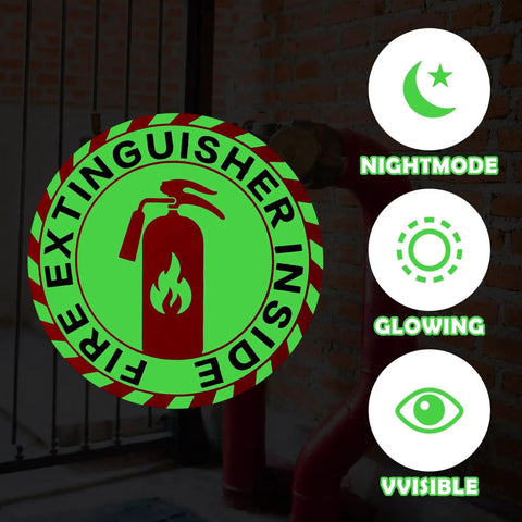 Glow In The Dark Fire Extinguisher Sign Labels 4 Pack 2.76 Inch Self Adhesive Waterproof Stickers for indoor use, glowing in night mode
