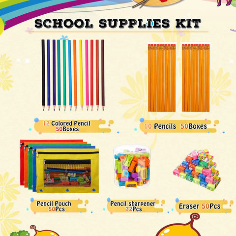 Back To School Supplies Kit For Kids Must Have 20 Sets With Colored Pencils 12 Colors Each And HB Pencils 200 Plus 20 Pencil Pouches Erasers And Sharpener