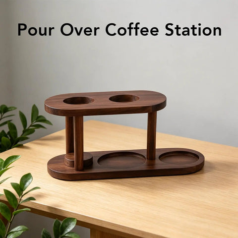 Solid Wood Pour Over Coffee Station With Elevated Dripper Stand For Smooth Extraction Natural Grain Finish, shown on wood table.