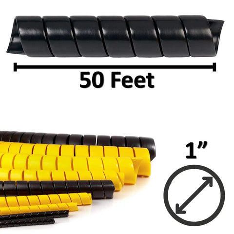 Heavy Duty 1 Inch Spiral Cable Sleeve Wrap For Wires And Hoses, HDPE Flexible Plastic Protector, 50 Feet Black