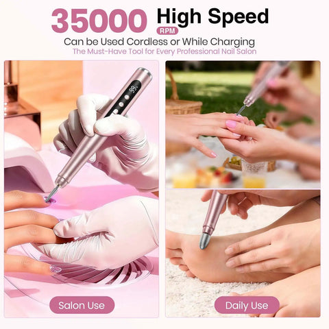 Badass Cordless Nail Drill Delivers 35000RPM Electric File With Clear Lcd Screen in salon and daily use settings for manicures.