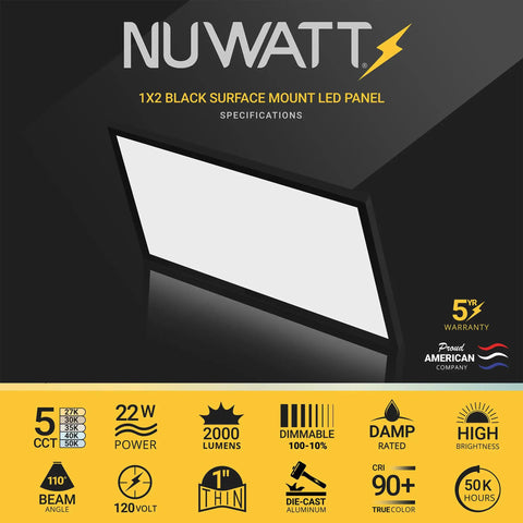 1x2 Ft LED Surface Mount Panel Light With 5 CCT Options 2700K 3000K 3500K 4000K 5000K Dimmable 22W 2000 Lumens 120V Indoor Black Flush Mount