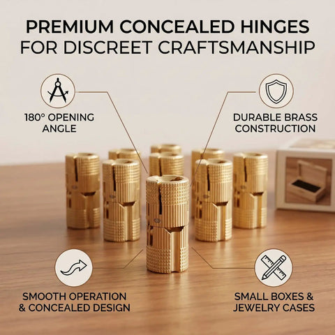 Polished Brass Hidden Cabinet Hinges 12mm Cylindrical Concealed Hinges With 180 Degree Opening displayed on wooden surface
